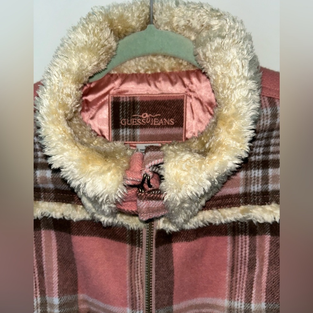 vintage Guess jeans wool blend plaid bomber coat with sherpa accents sz M EUC LN - Picture 7 of 15